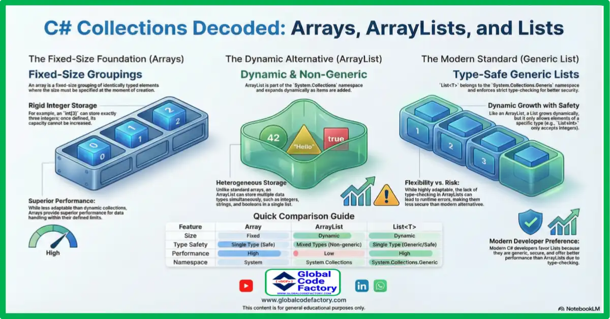 ArrayList in C# explained showing dynamic non generic collection and mixed data types
