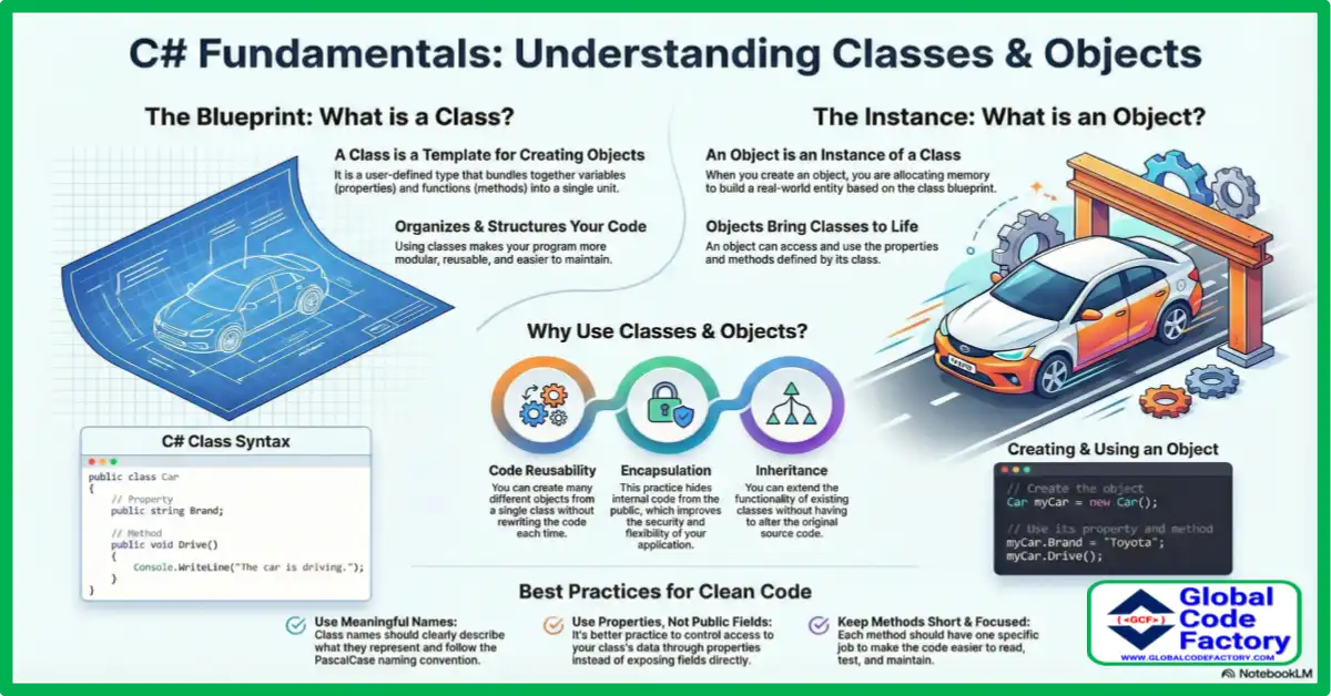 Classes and objects in C# explained showing class blueprint and object instance with examples