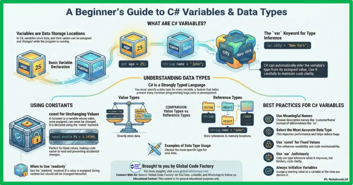 Variables and data types in C# explained including value types, reference types, var, and constants