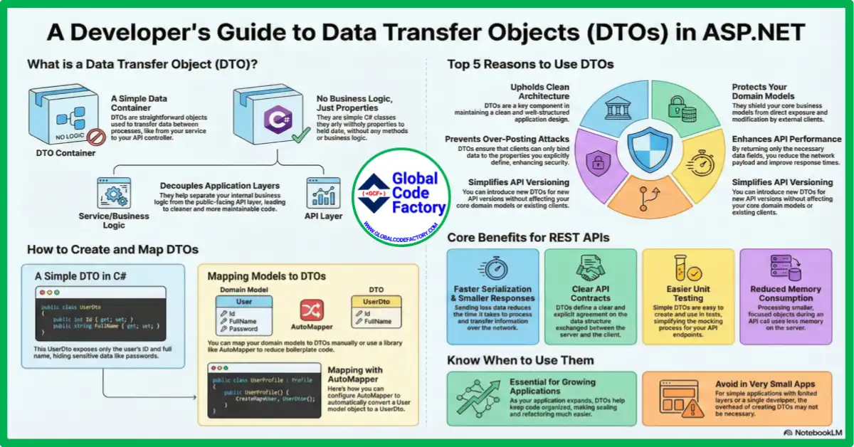 Data Transfer Objects DTOs in ASP.NET explained showing benefits mapping and API usage