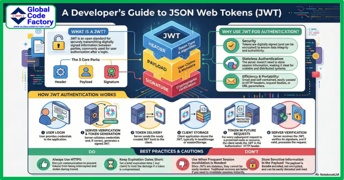JSON Web Tokens JWT explained showing token structure authentication flow and security benefits