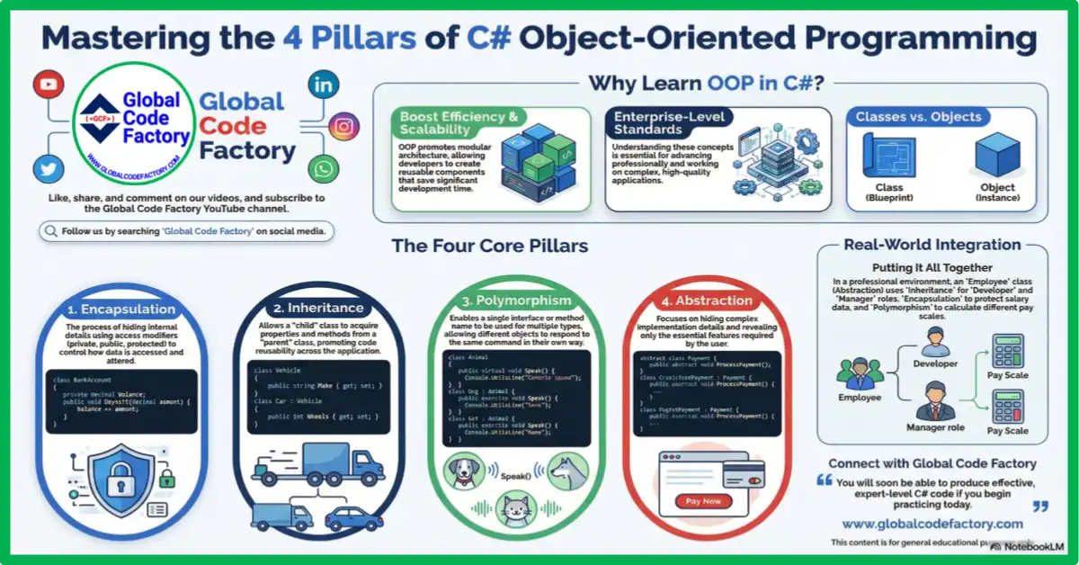 Object-oriented programming in C# explaining encapsulation, inheritance, polymorphism, and abstraction