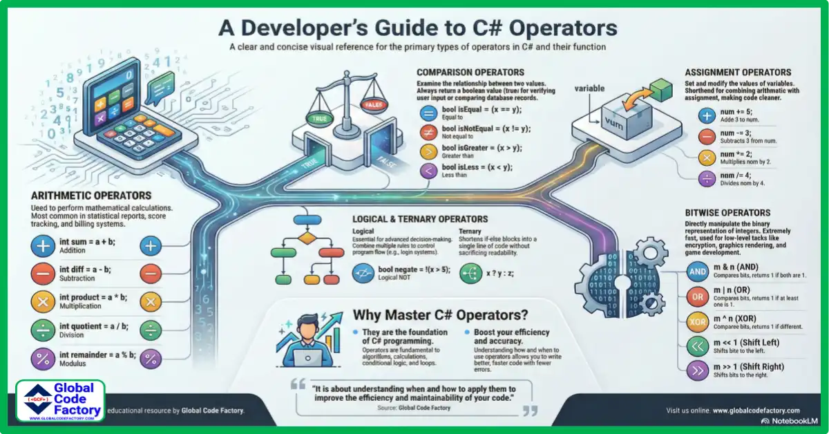 Operators in C# explained including arithmetic, comparison, logical, assignment, and bitwise operators