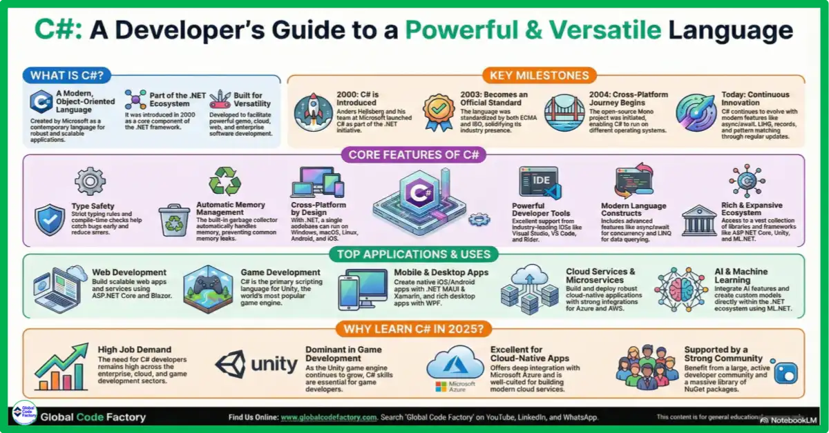 What is C# programming explained showing features history applications and uses