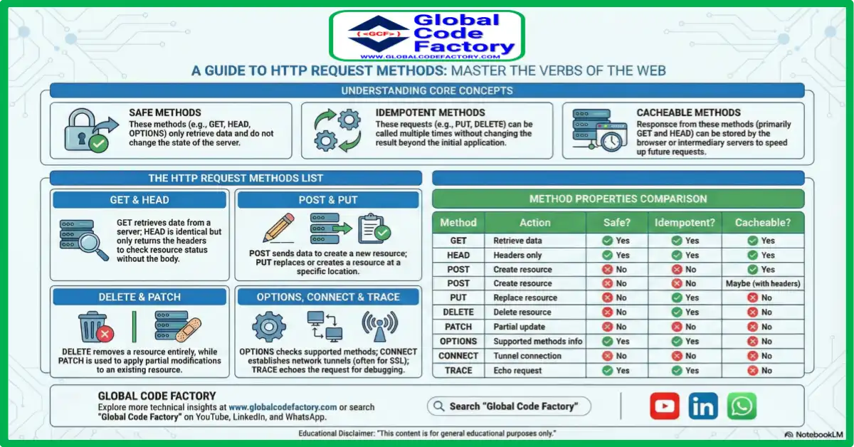 HTTP request methods list explained showing GET POST PUT DELETE PATCH OPTIONS and properties
